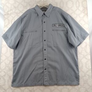 Harley Davidson Mechanic Gray Flame Logo Button Up Short Sleeve Shirt XL Biker